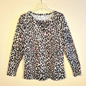 Sunshine & Rodeos Women Sz L Leopard Print Top Lace V-Neck Long Sleeves Soft